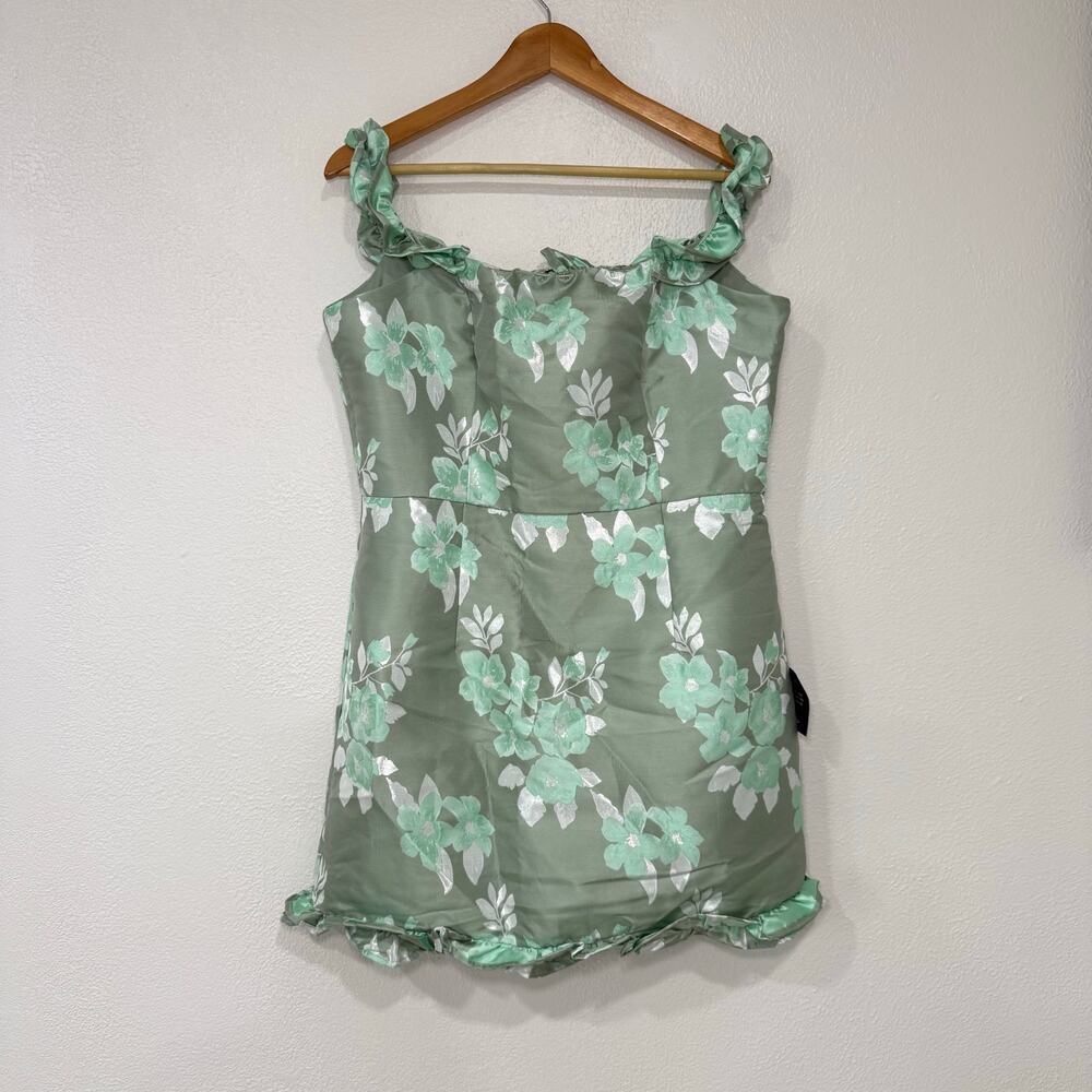 NWT Lulus Pop the Bottle Sage Green Floral Jacquard Ruffled Mini Dress Size XL - Picture 2 of 9